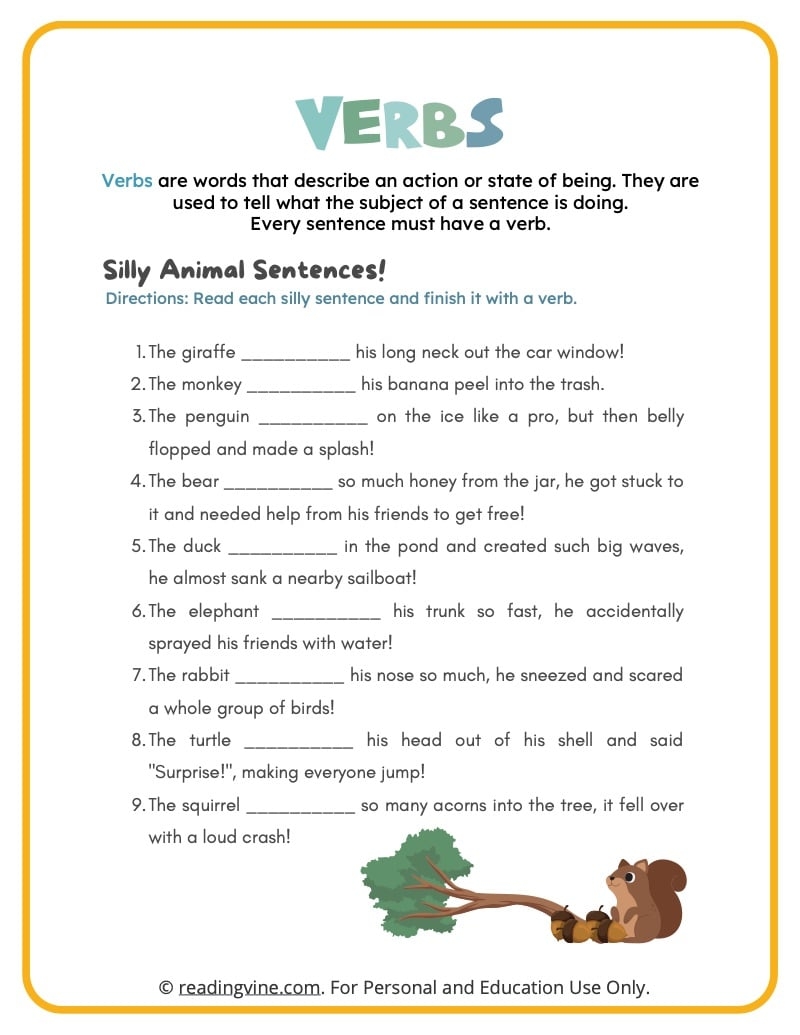 Fill In The Blank With A Verb Activity ReadingVine