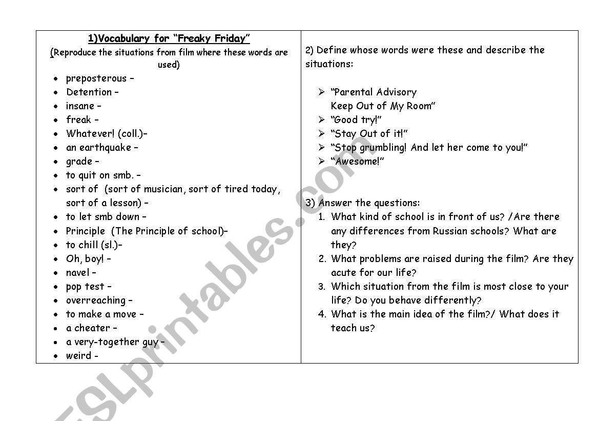Film Work Freaky Friday ESL Worksheet By Elena23K