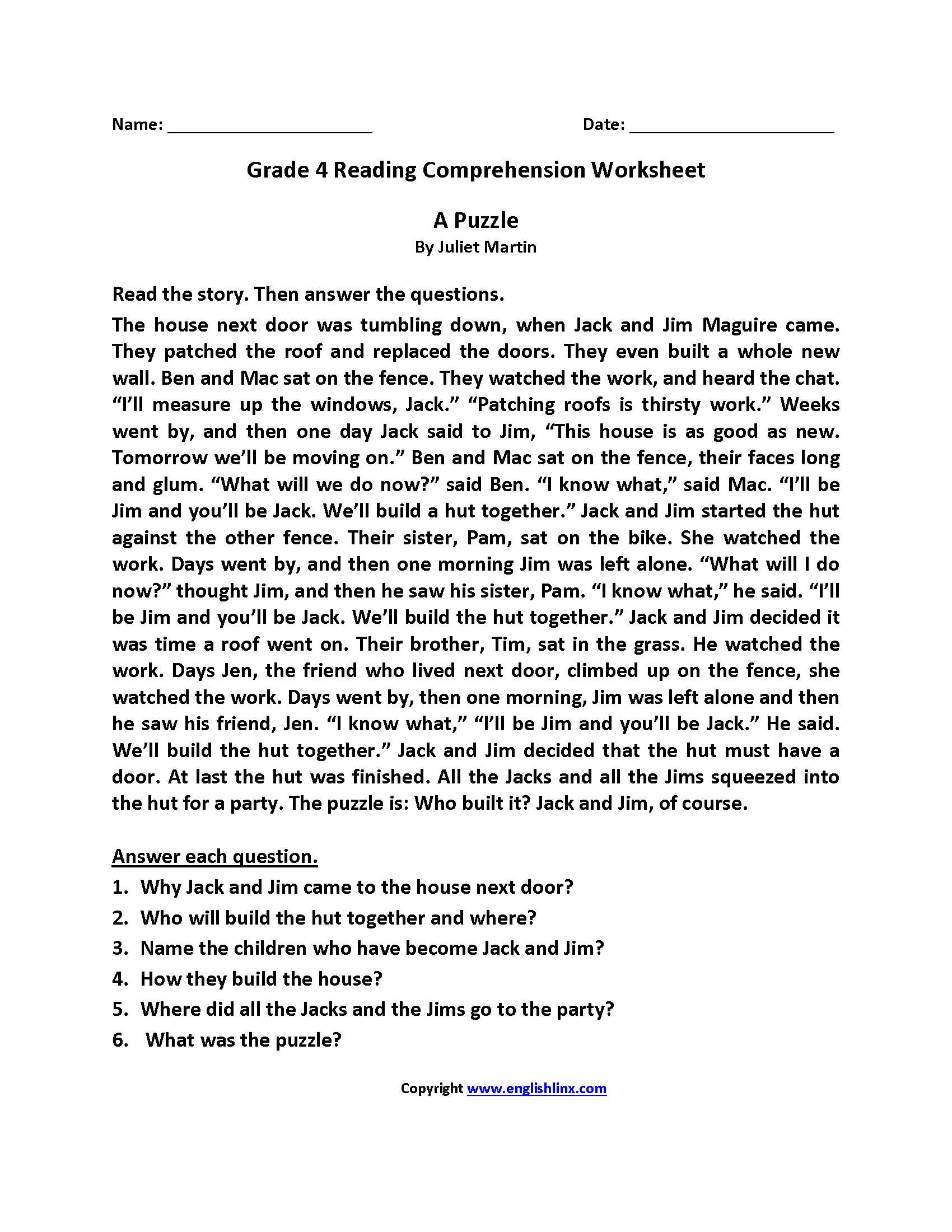 Fourth Grade Reading Worksheets Improve Fluency Comprehension 10 Best 4th Grade Reading Worksheets Free Printable Printablee Worksheets Library