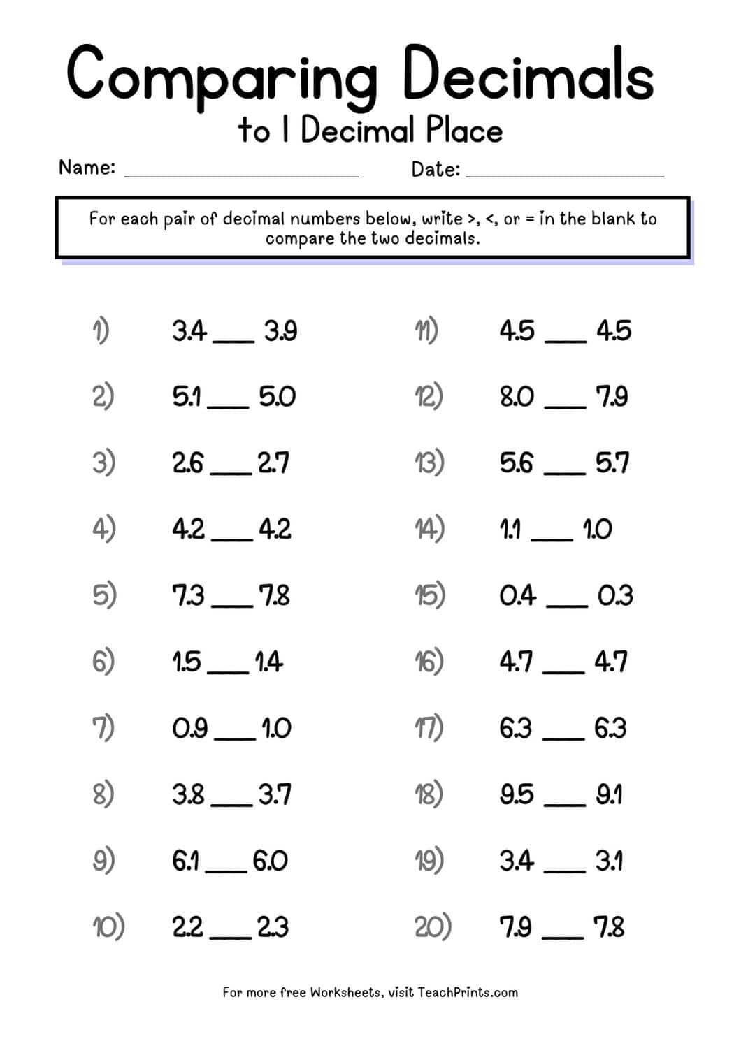 Free Comparing Decimals Worksheets Teach Prints Free Comparing Decimals Worksheets Teach Prints