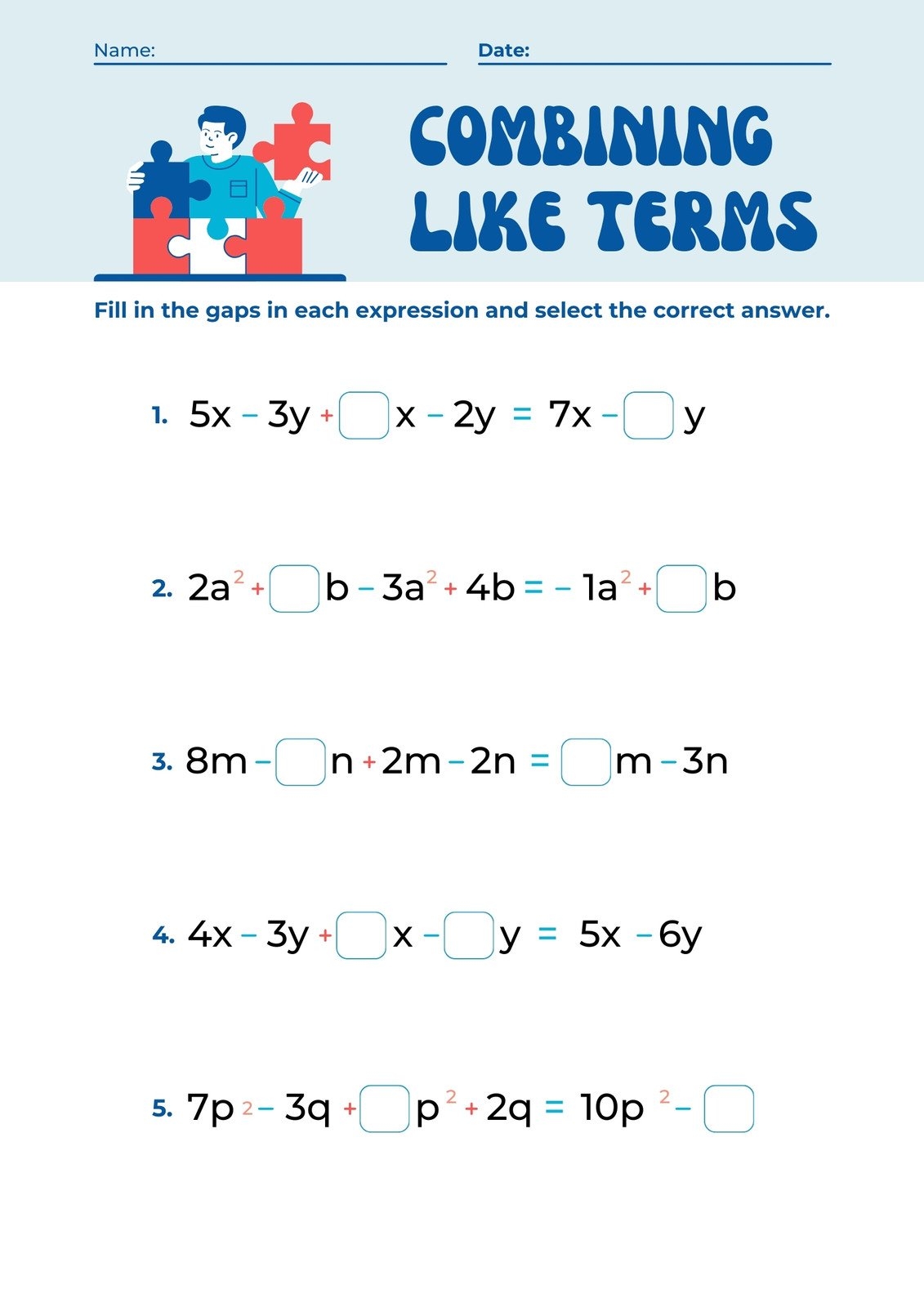 Free Custom Combining Like Terms Worksheet Templates Canva Combining Like Terms Color By Number Funrithmetic