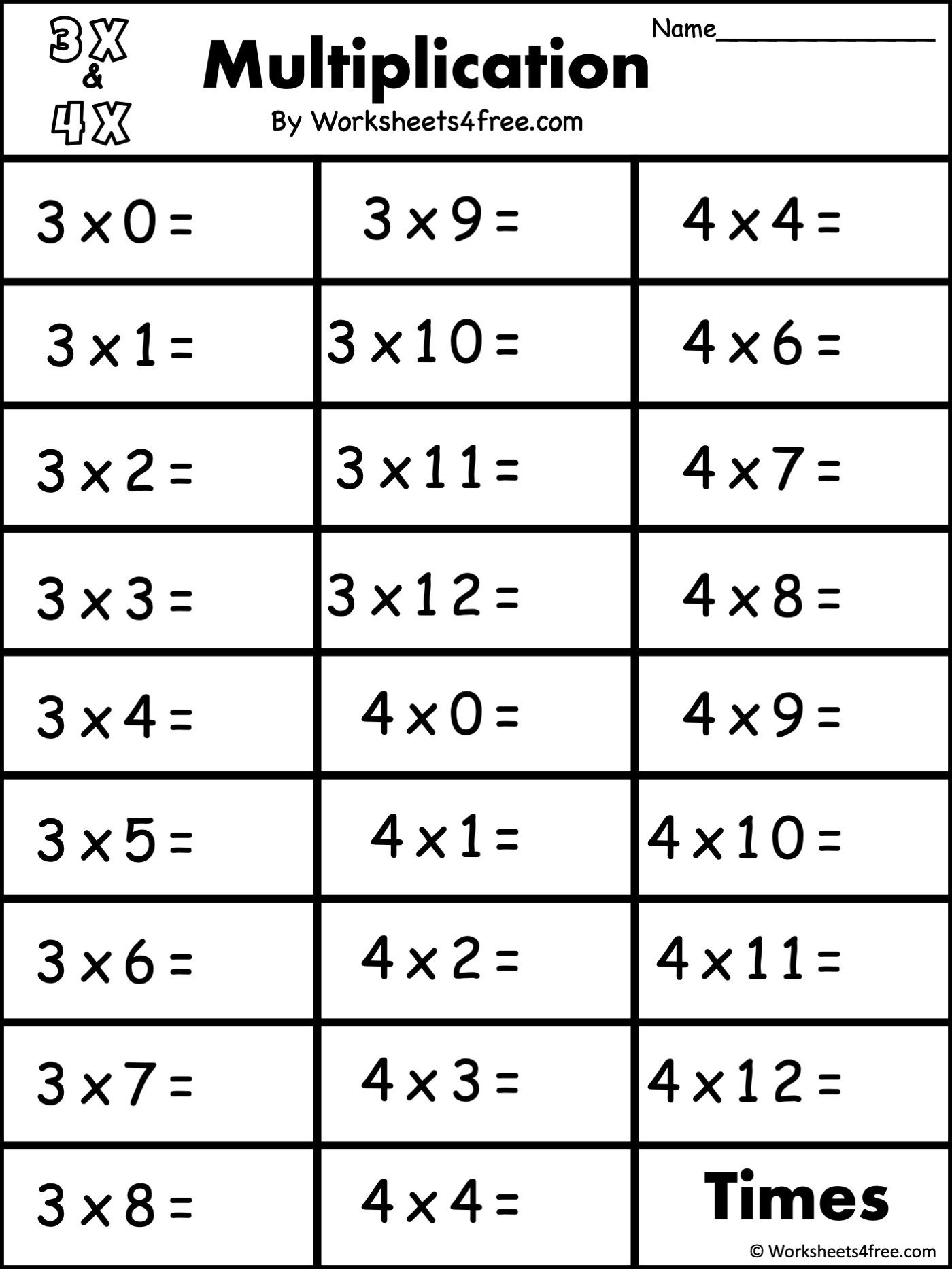 Free Multiplication Worksheet 3s 4s Worksheets4Free
