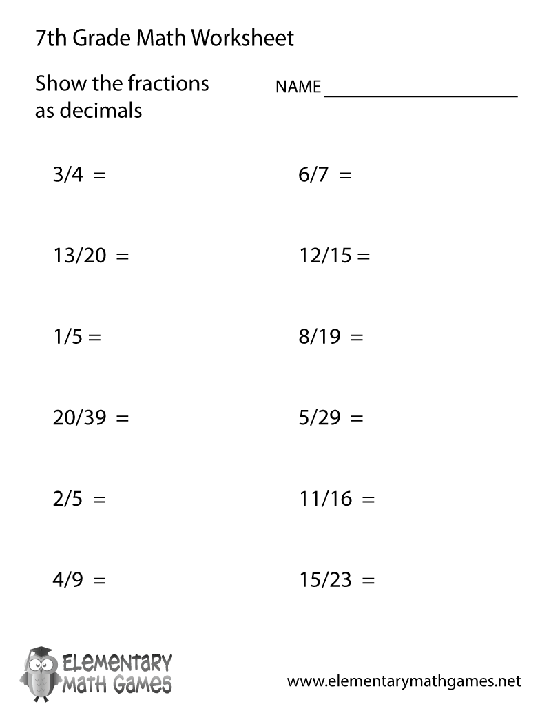 Free Printable Fractions And Decimals Worksheet For Seventh Grade Free Printable Fractions And Decimals Worksheet For Seventh Grade