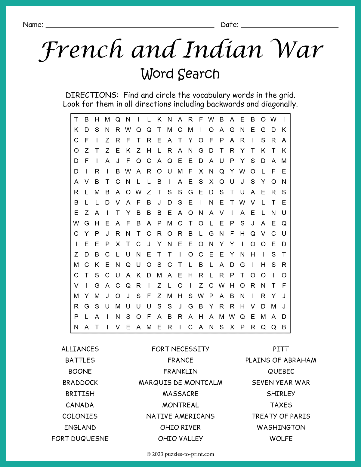 Free Printable French And Indian War Word Search