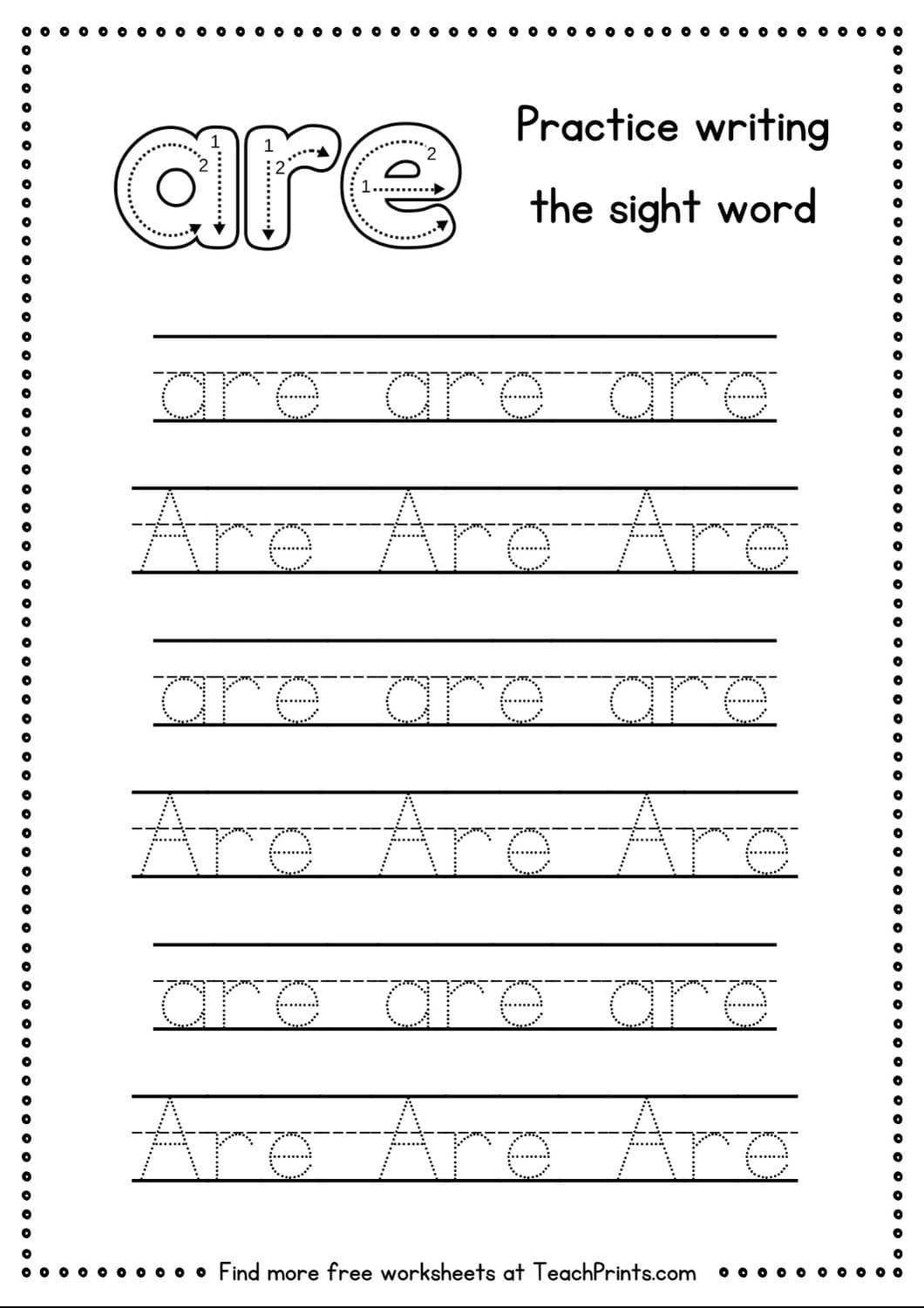 Free Sight Word Are Worksheets Teach Prints
