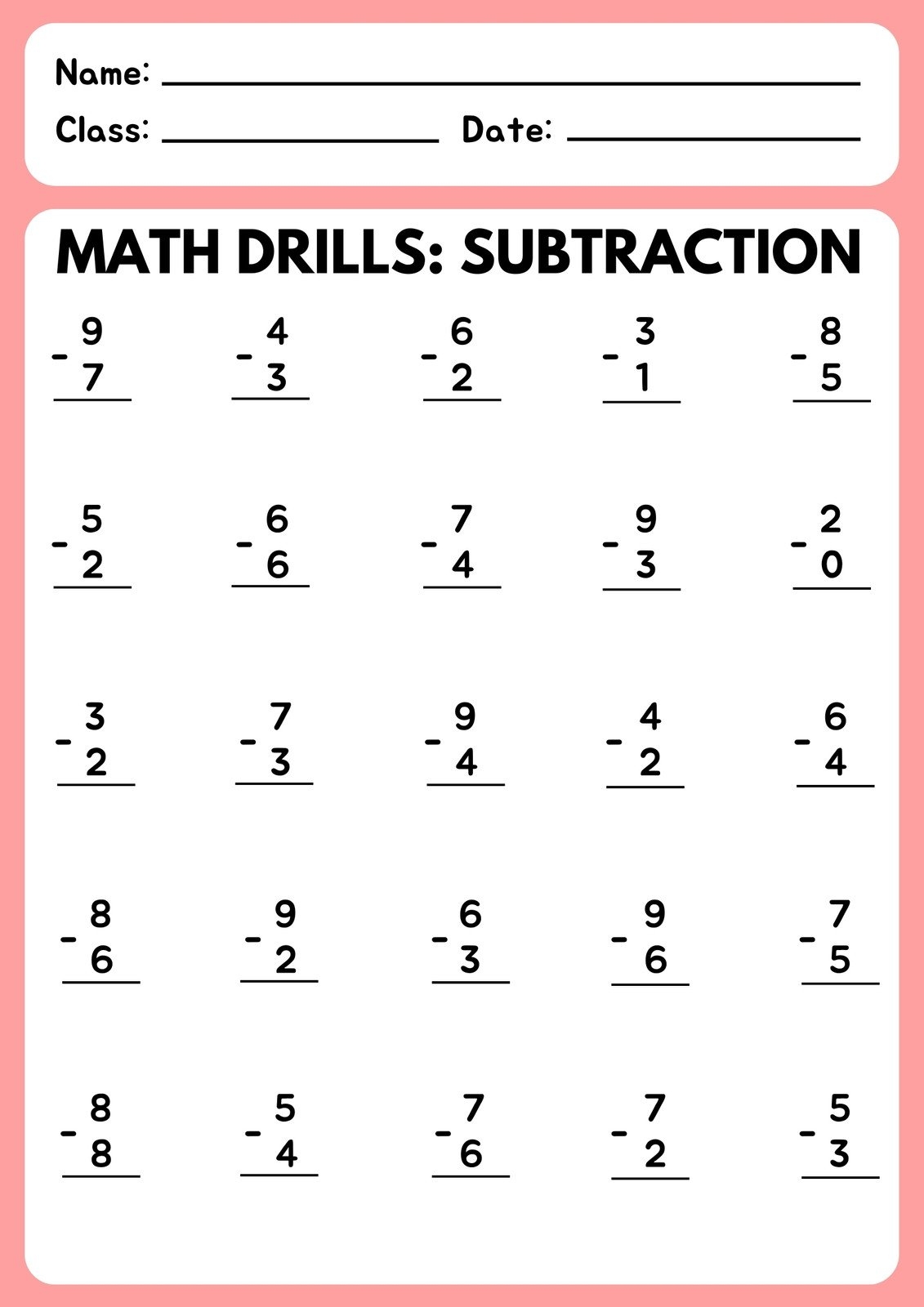 Single Digit Subtraction Worksheets K12 Math Worksheets
