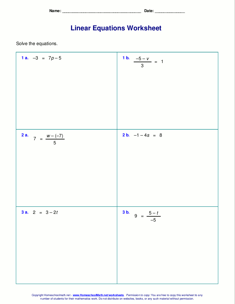 Free Worksheets For Linear Equations grades 6 9 Pre algebra Algebra 1
