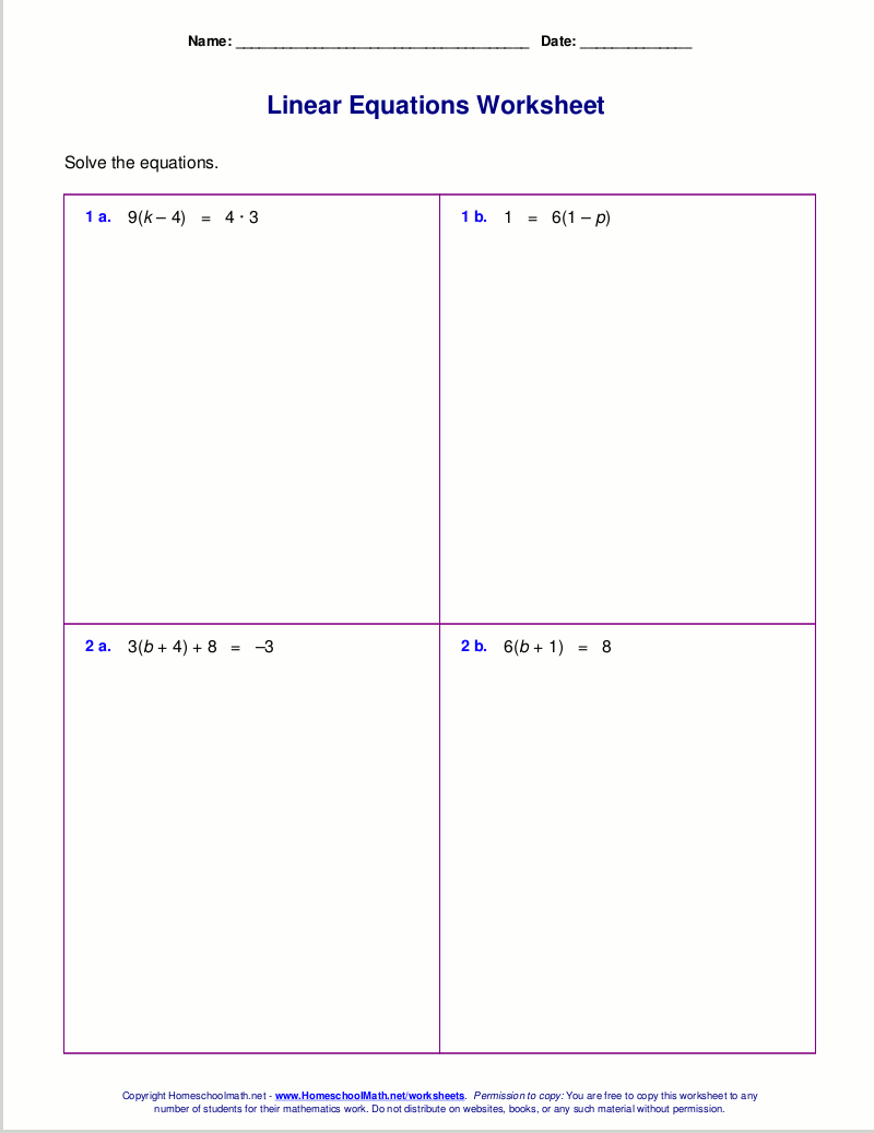 Free Worksheets For Linear Equations grades 6 9 Pre algebra Algebra 1