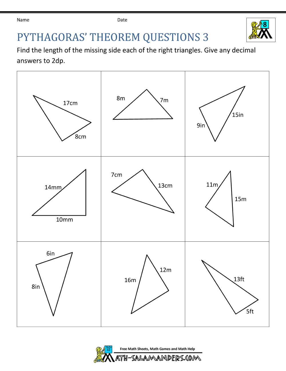 Geometry Math Worksheets Pythagoras Theorem Questions 3 Geometry Worksheets Library Pythagorean Theorem Worksheets Worksheets Library
