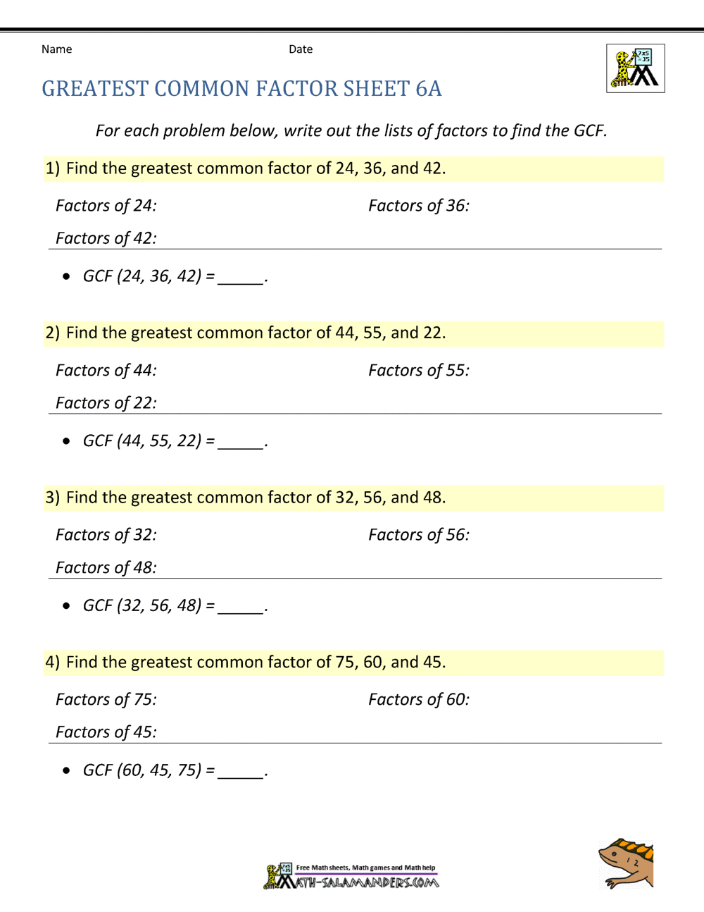 Greatest Common Factor Worksheet Page