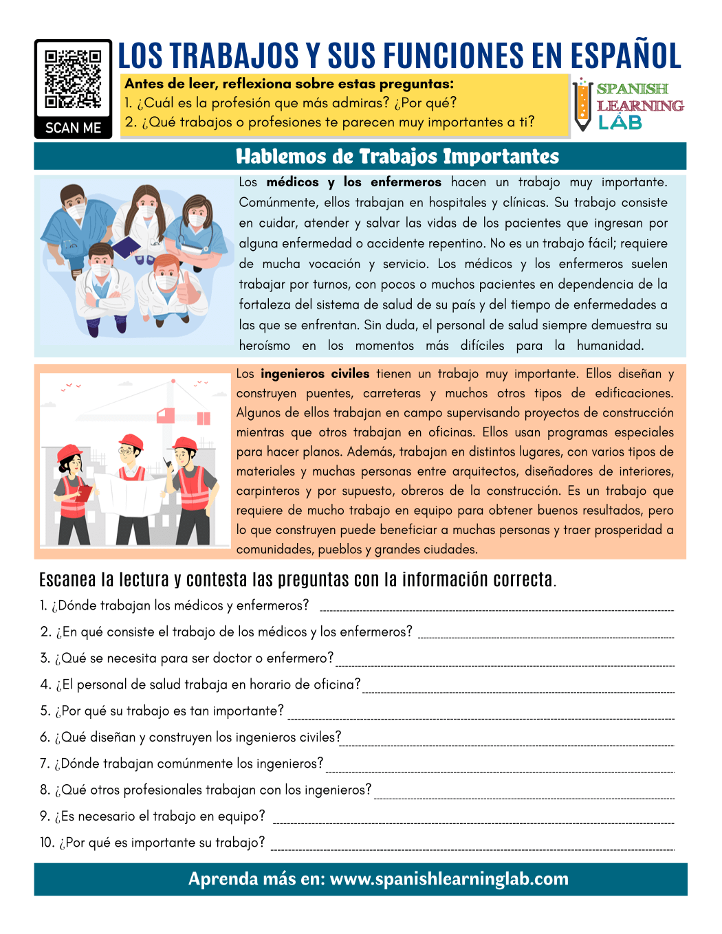 Important Jobs In Spanish PDF Reading Worksheet Spanish Learning Lab