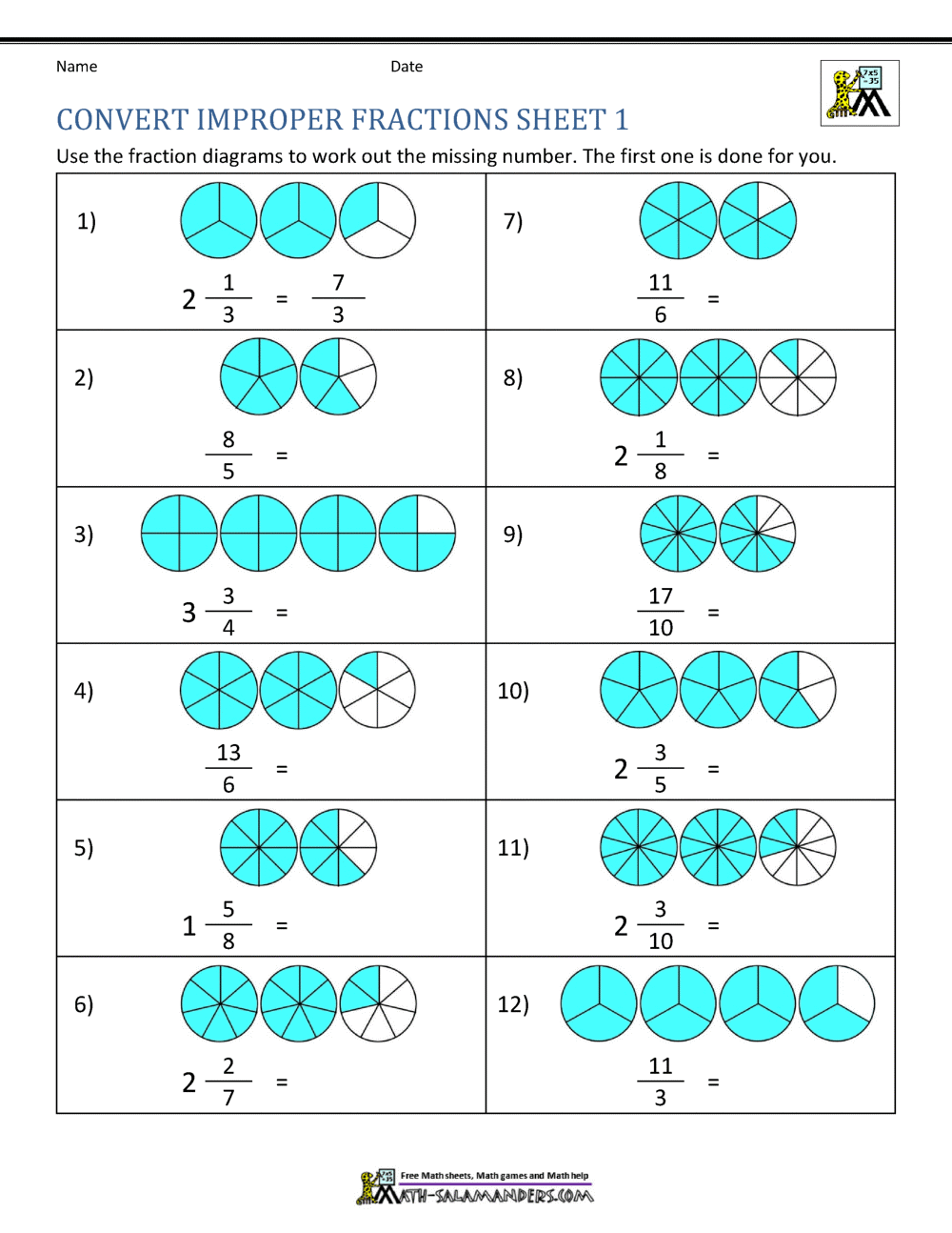 Improper Fraction Worksheets Improper Fraction Worksheets