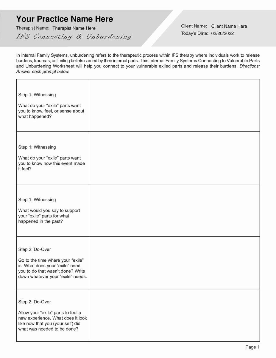 Internal Family Systems Connecting To Vulnerable Parts And Unburdening Worksheet TherapyByPro