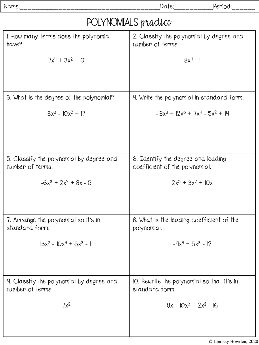 Intro To Polynomials Notes And Worksheets Lindsay Bowden Worksheets Library