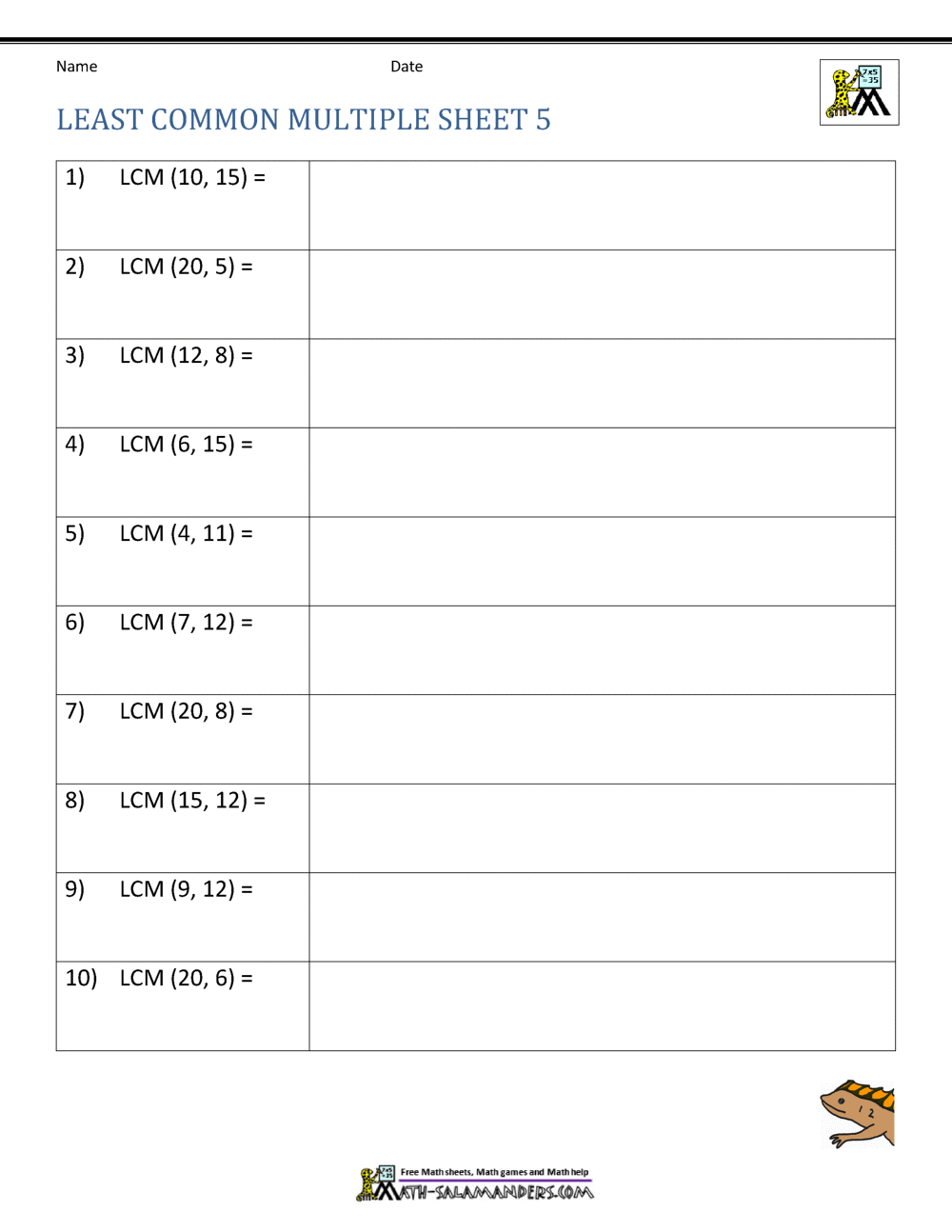 Least Common Multiple Worksheets Page