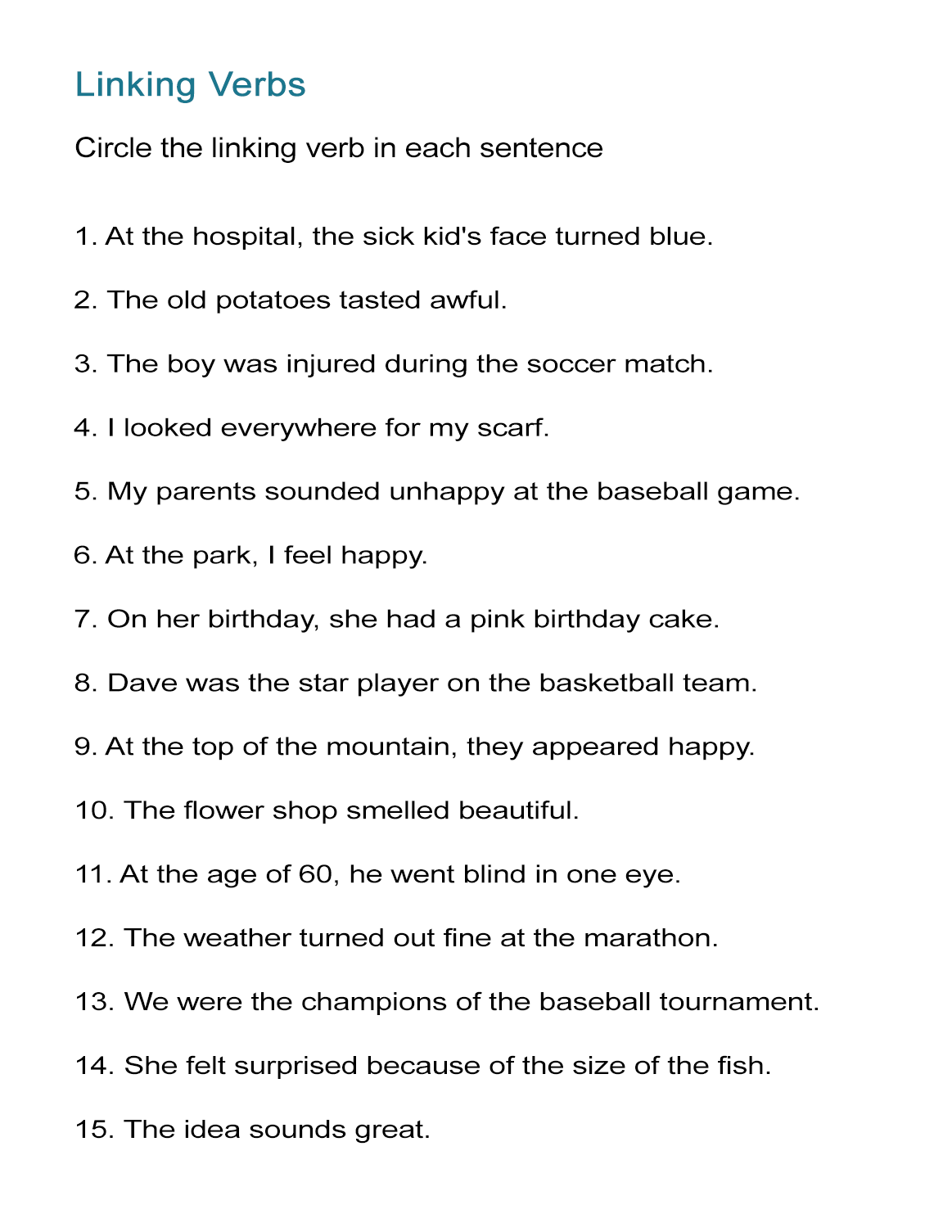 Linking Verbs Worksheet Find The Linking Verbs ALL ESL Linking Verbs Sentences Worksheets With Answer Key Made By Teachers