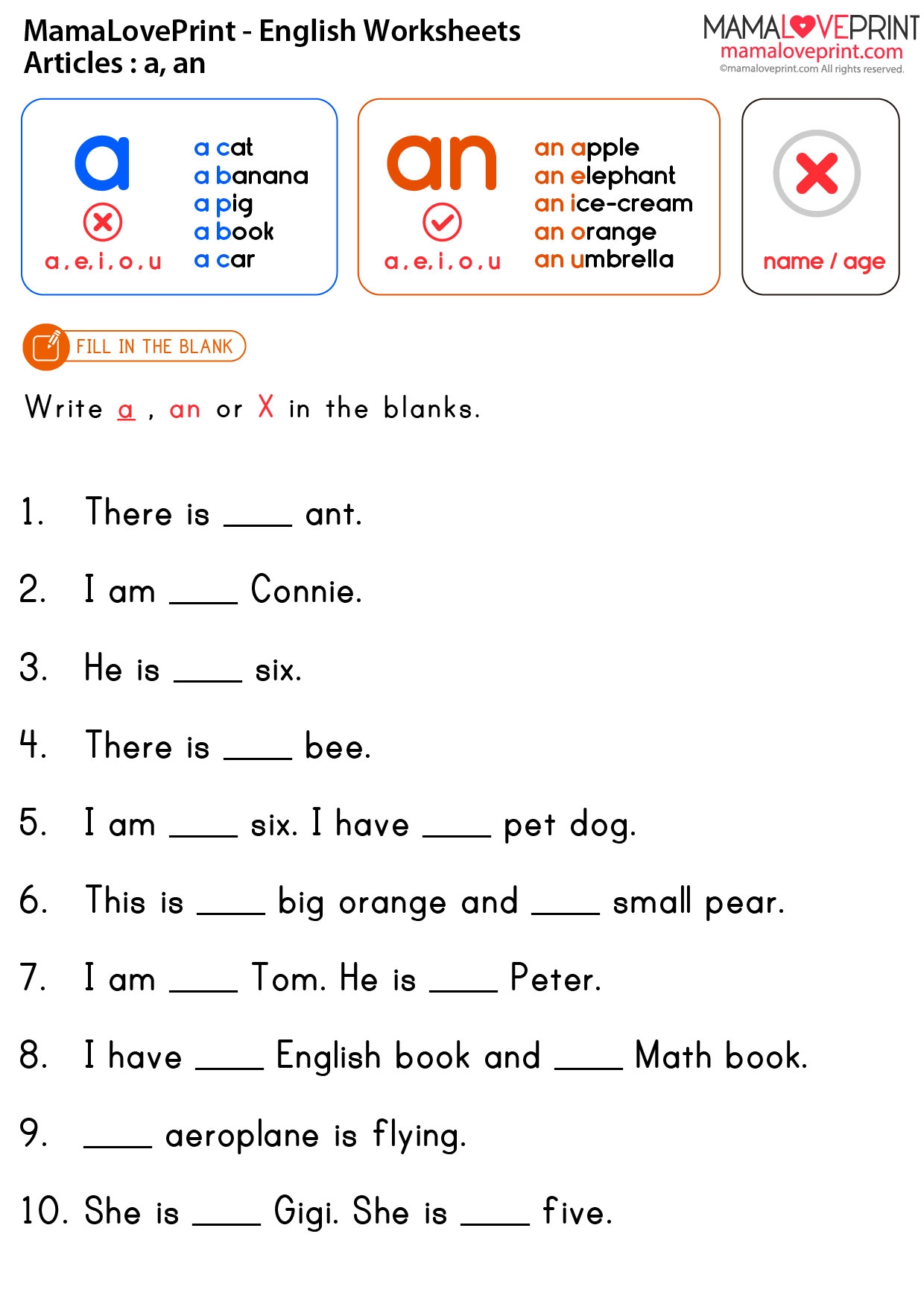 MamaLovePrint K3 English Worksheets Basic Grammar Articles A An Set 2 English Basic Grammar Learning Activities Kindergarten Worksheet Free Download A An