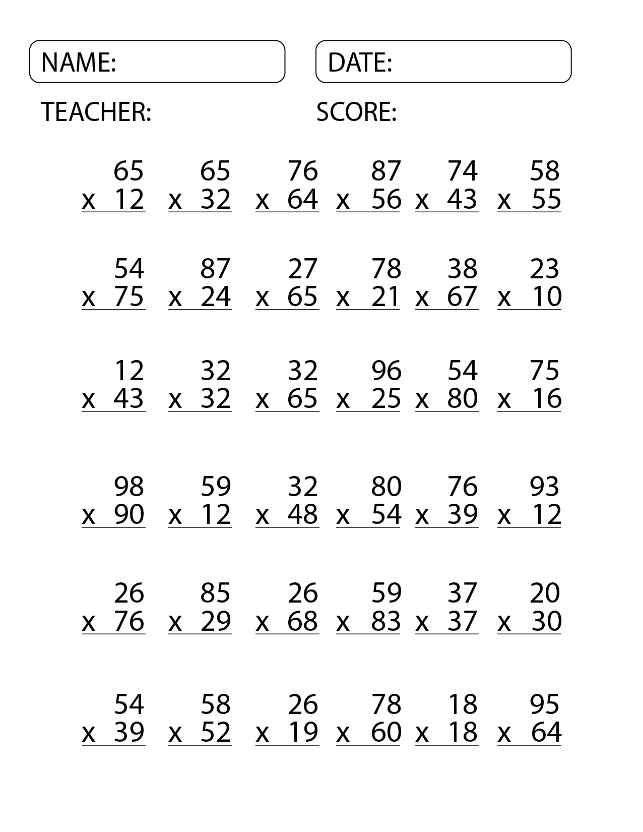 Multiplication Worksheets PDF Free Download