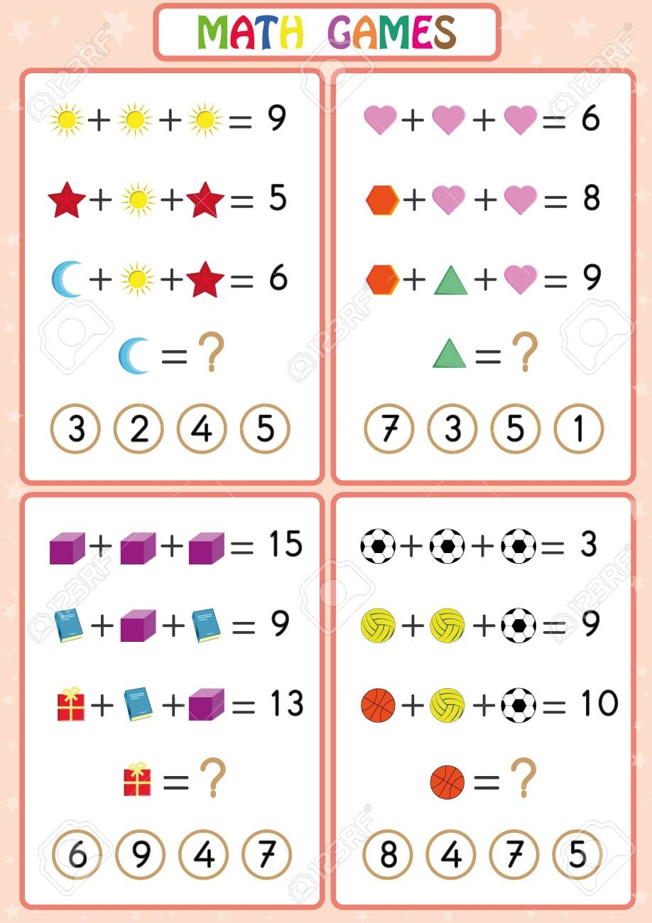 Mathematics Educational Game For Kids Fun Worksheets For Children Kids Are Learning To Solve Problems Royalty Free SVG Cliparts Vectors And Stock Illustration Image 112051302
