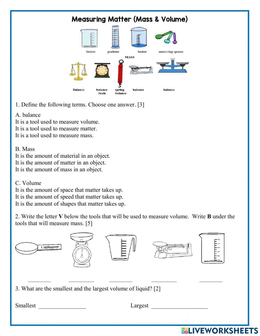 Measuring Matter Mass And Volume Online Exercise For Live Worksheets Library