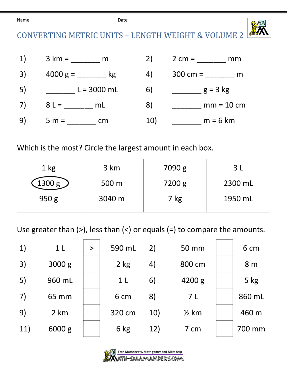 Metric Conversion Worksheet Metric Conversion Worksheet