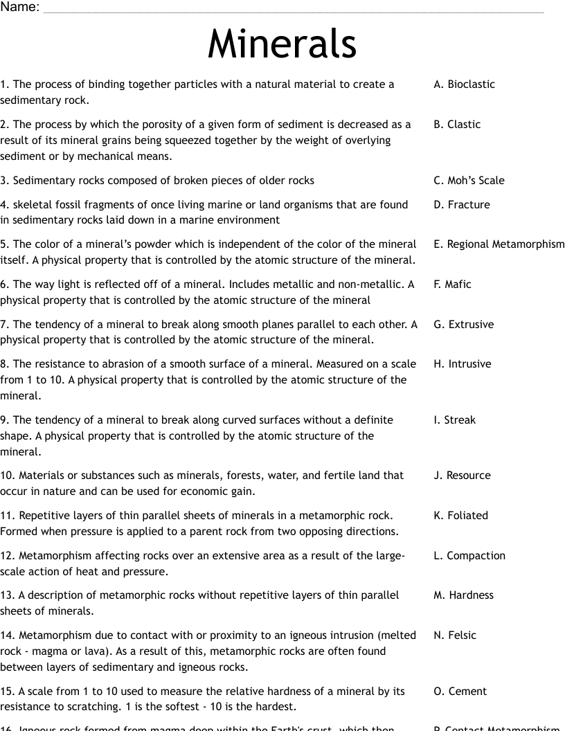 Minerals Worksheet WordMint Minerals Worksheet WordMint