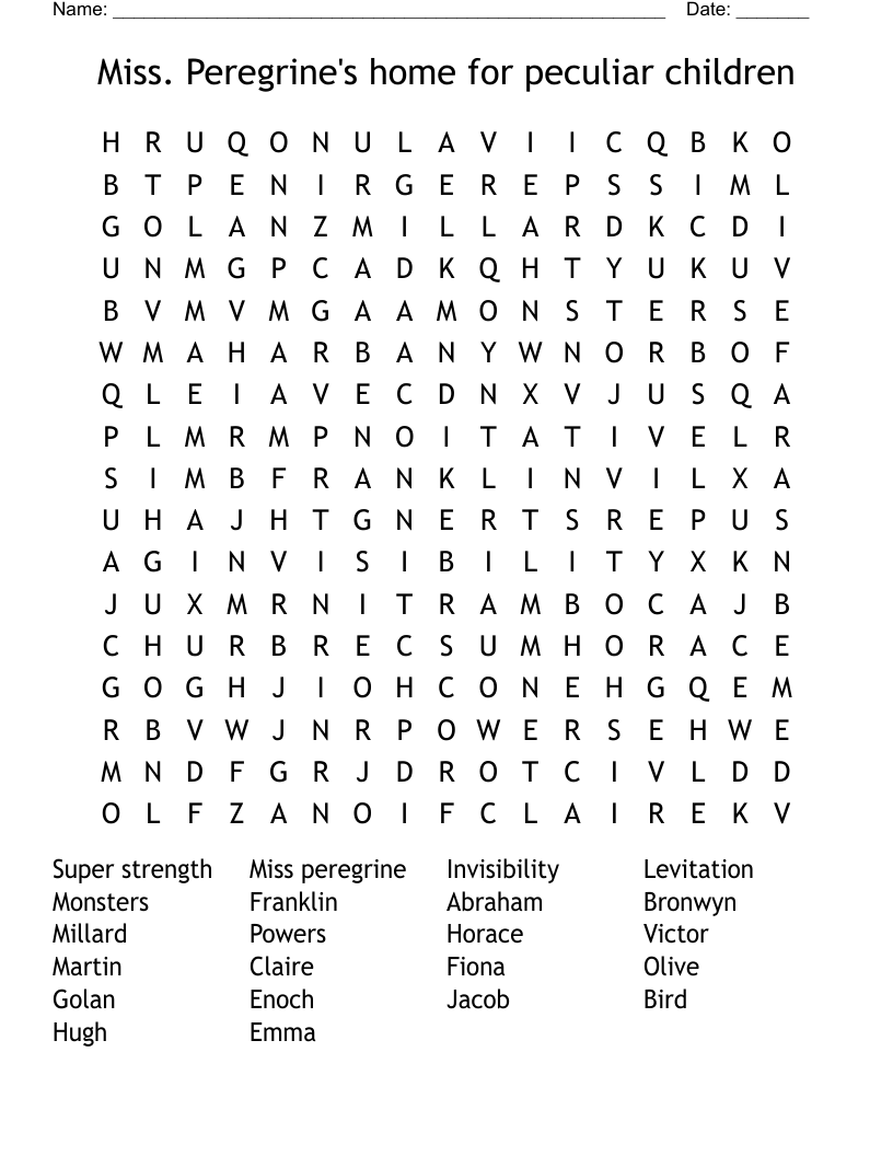 Miss Peregrine S Home For Peculiar Children Word Search WordMint Miss Peregrine S Home For Peculiar Children Word Search WordMint