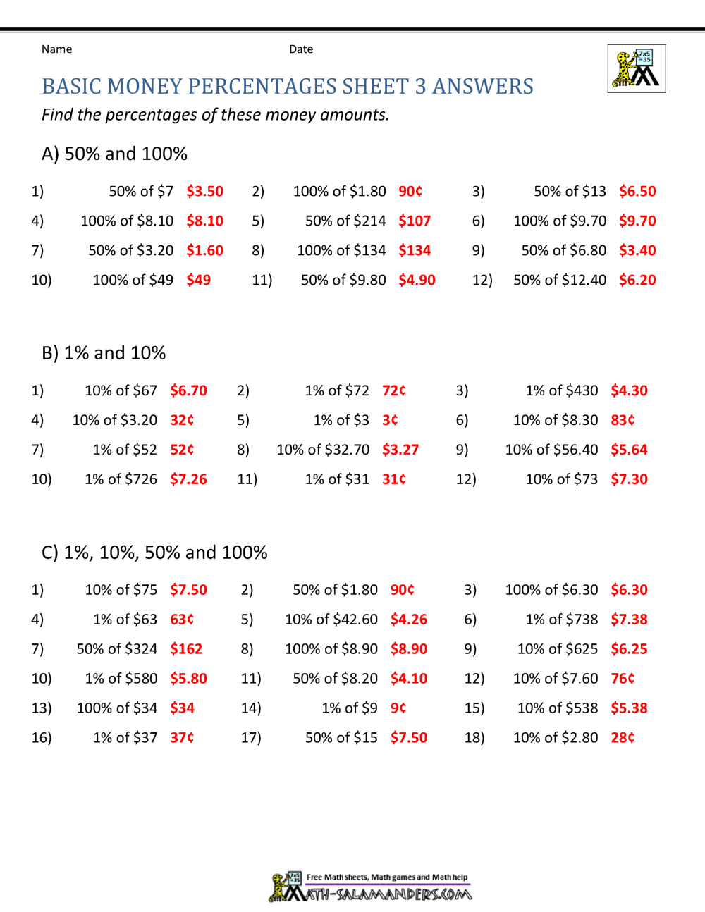 Money Percentage Worksheets Money Percentage Worksheets