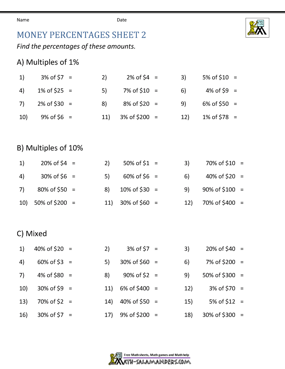 Money Percentage Worksheets Money Percentage Worksheets