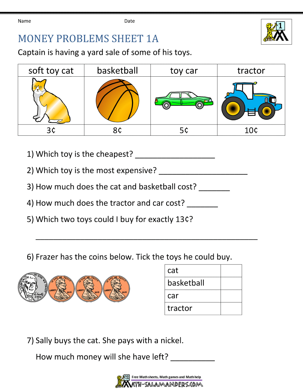 Money Problem Solving Kindergarten Worksheet Free Printable