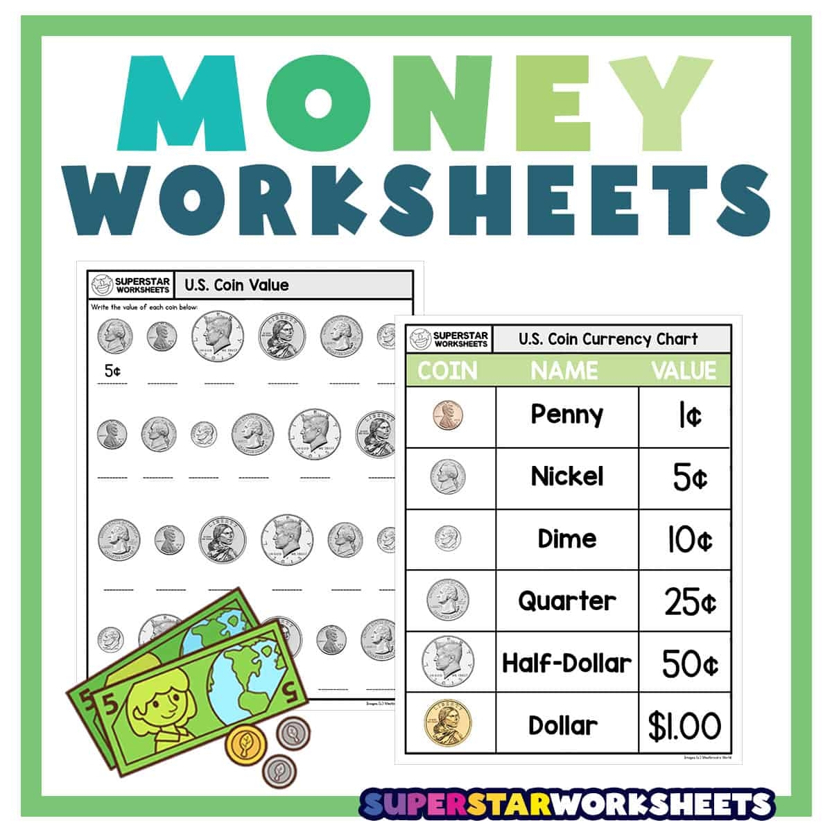 FREE Printable Color The Coin Money Worksheets