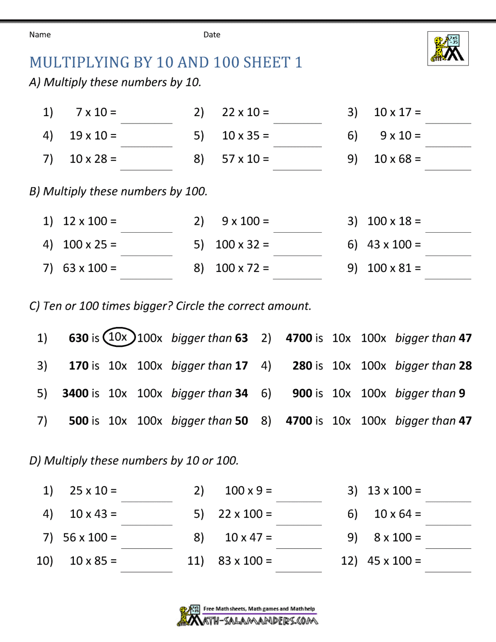 Multiplying By 10 And 100 Worksheets