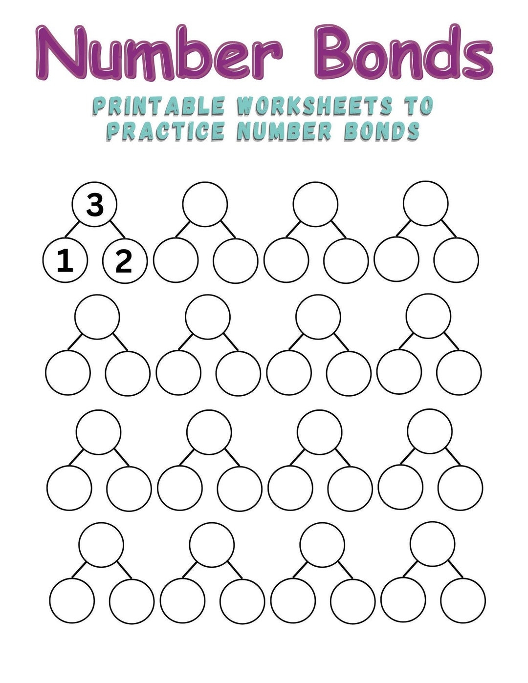 Number Bonds Blank Worksheets Kindergarten First Second Grade Math Homeschool Printable Tutor Arithmetic Common Core Instant Download Etsy