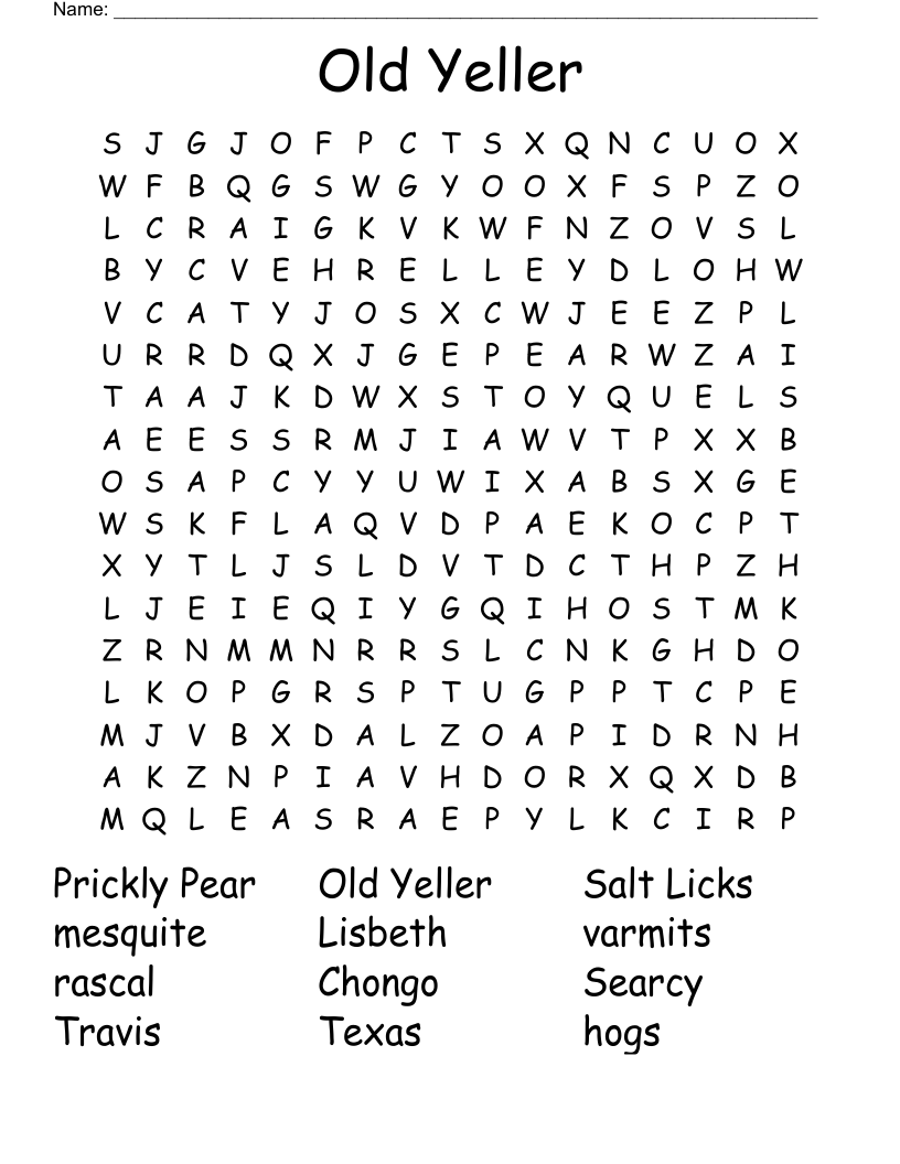 Old Yeller Word Search WordMint