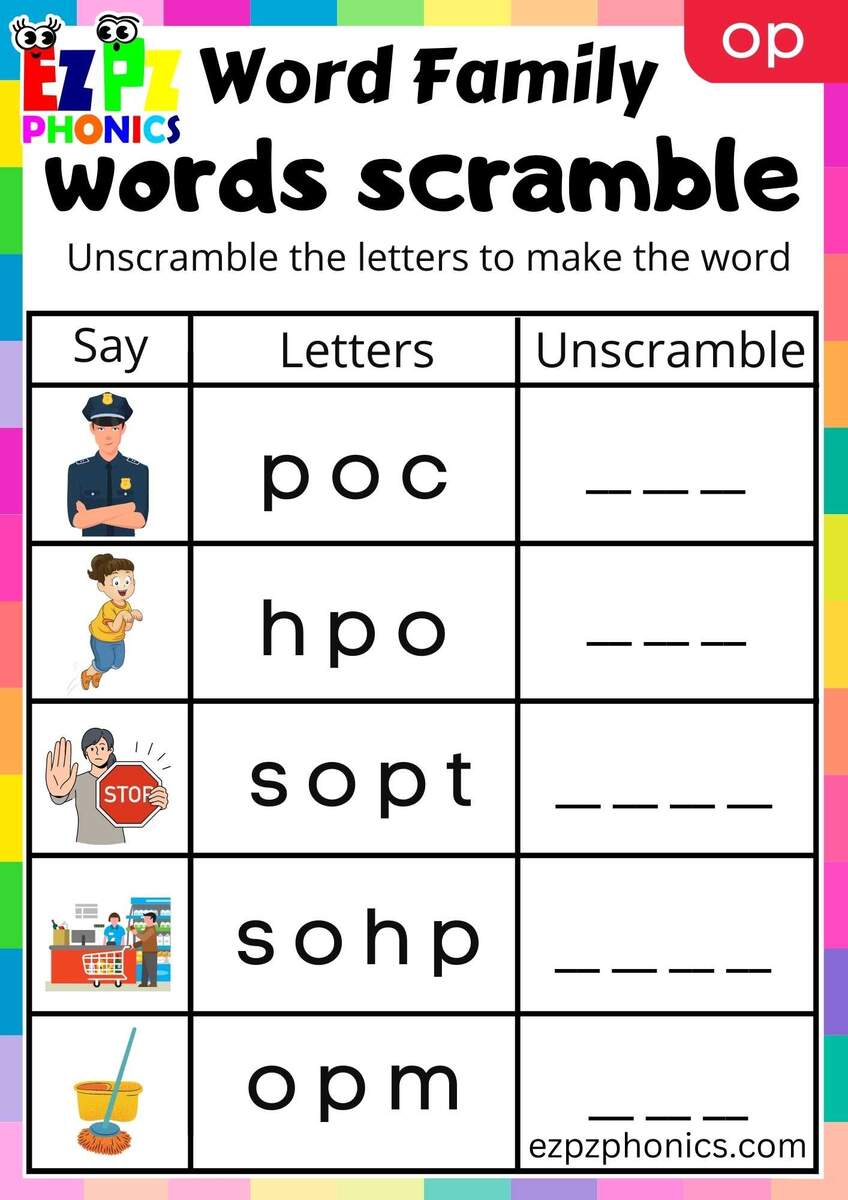 OP Words Words Scramble Phonics Word Families Worksheet Ezpzphonics OP Word Family Worksheets Kindergarten Mom