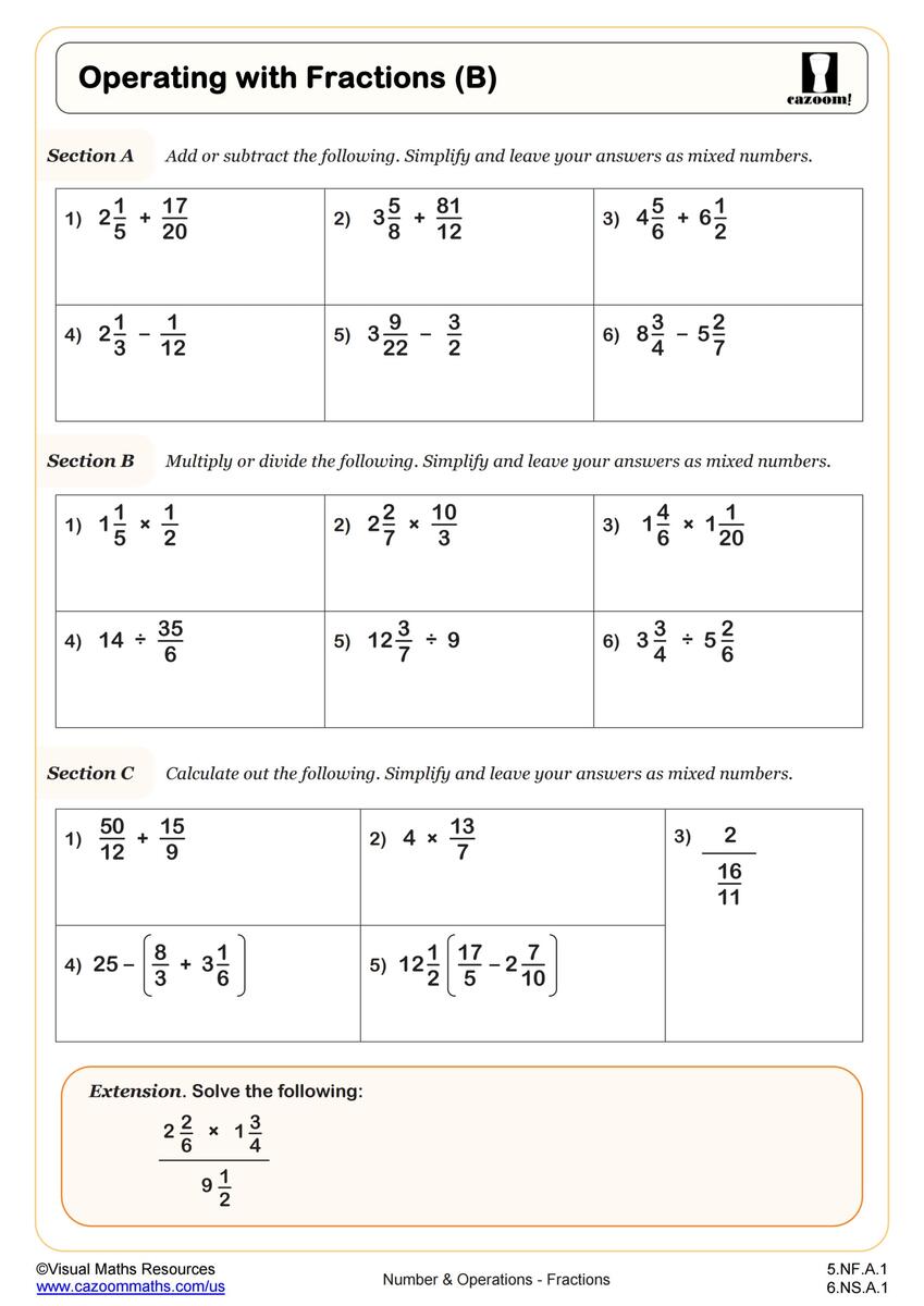 Operations With Fractions B Worksheet PDF Printable Number Operations Worksheet Cazoom Math Middle School Fractions Worksheets PDF Printable Worksheets Cazoom Math