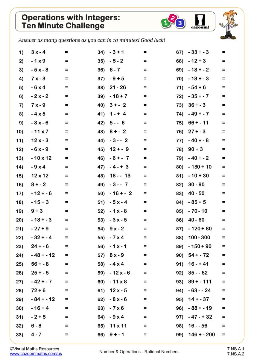 Operations With Integers Ten Minute Challenge Worksheet PDF Printable Number Operations Worksheet Cazoom Math Adding Integers Worksheet Grade 6 Or 7 Addition Of Integers Worksheet Made By Teachers