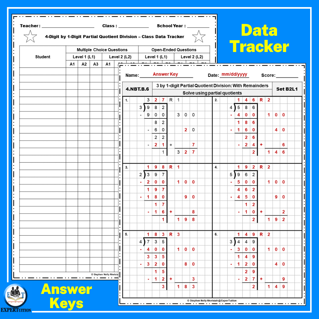 4 Digit By 1 Digit Partial Quotients Division With And Without Remainders Practice Worksheets Made By Teachers