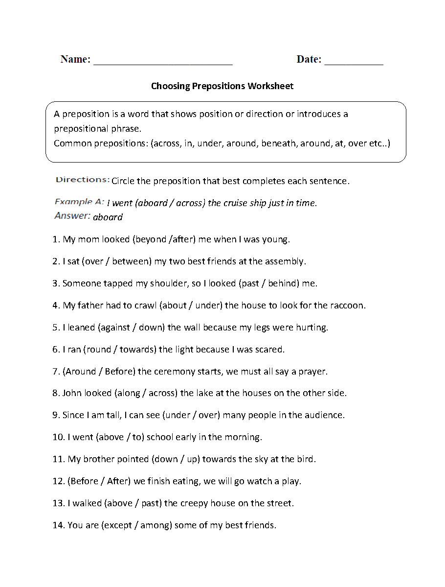 Parts Of A Sentence Worksheets Prepositional Phrase Worksheets Preposition Worksheet With The Police Parts Of Speech Activity