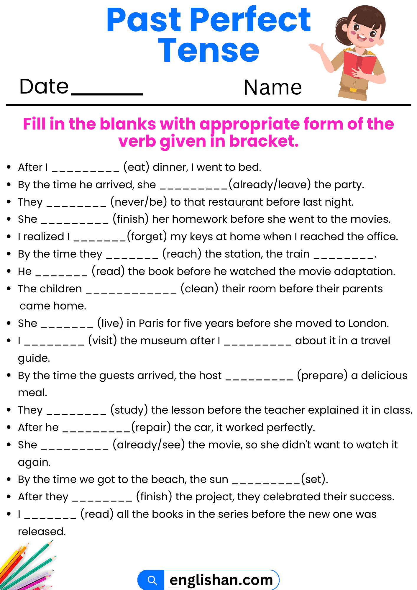 Past Perfect Tense Worksheets And Exercises With Answers Englishan Past Perfect Tense Worksheets And Exercises With Answers Englishan