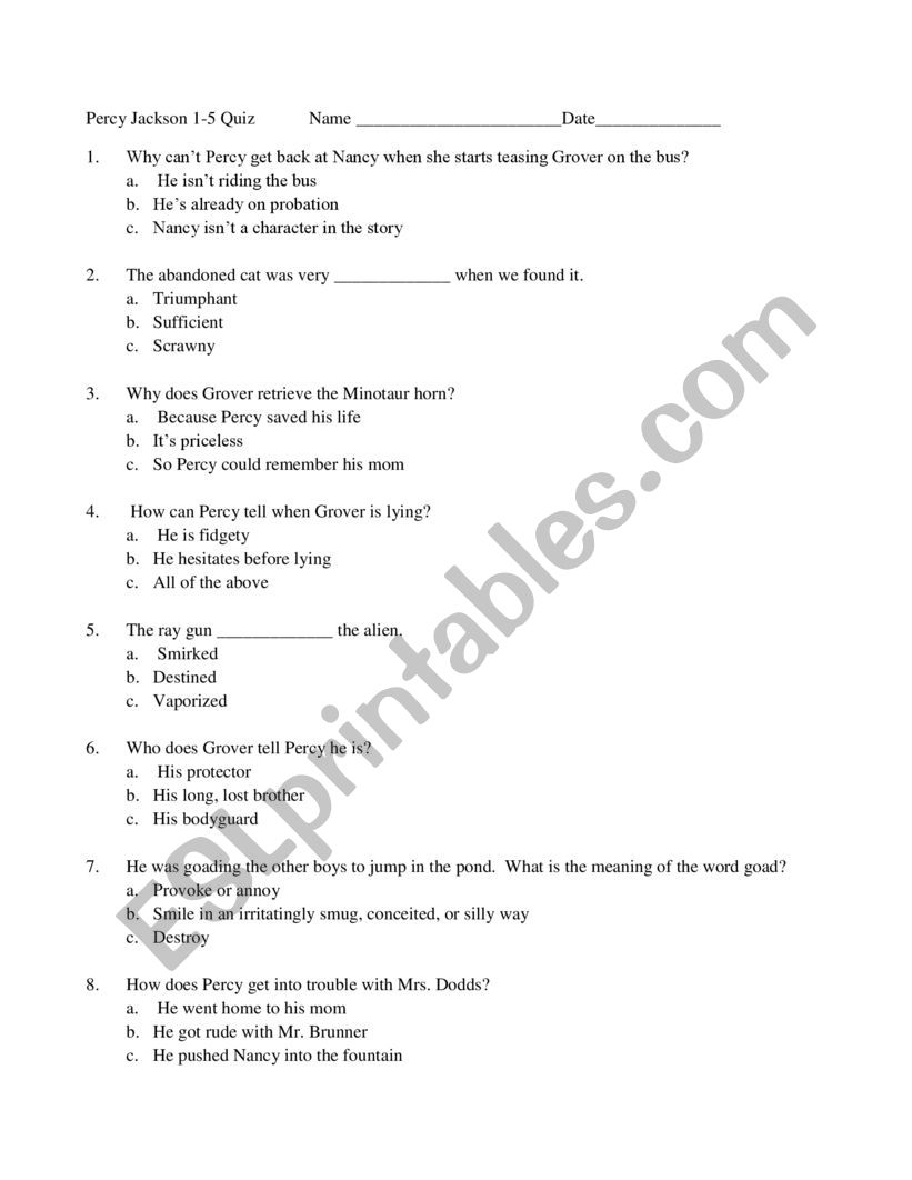 Percy Jackson Lighnting Thief Quiz Chapters 1 5 ESL Worksheet By Bkpittman1 Percy Jackson Lighnting Thief Quiz Chapters 1 5 ESL Worksheet By Bkpittman1