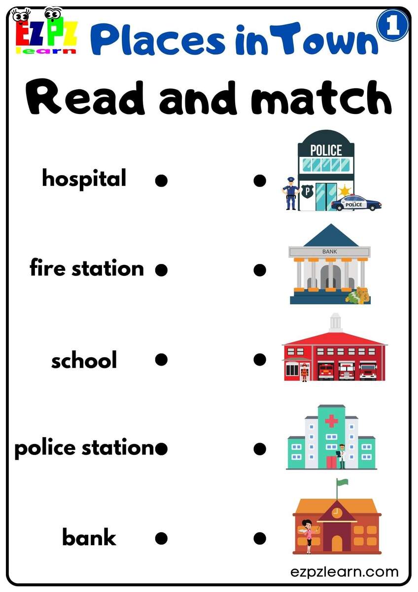 Places In Town Easy Read And Match Worksheet Free Download Group 1 Ezpzlearn