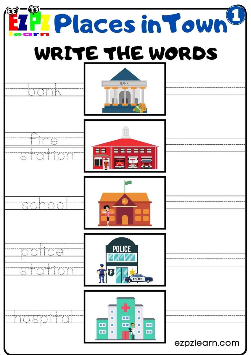 Places In Town Easy Write The Words Worksheet Free Download Group 1 Ezpzlearn