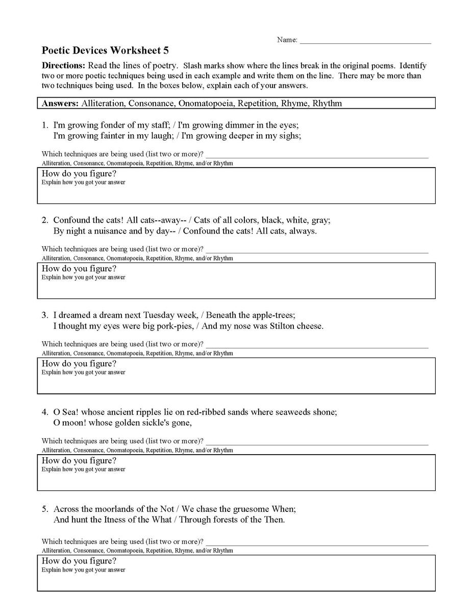 Poetic Devices Worksheet 5 Reading Activity Poetic Devices Worksheet 5 Reading Activity