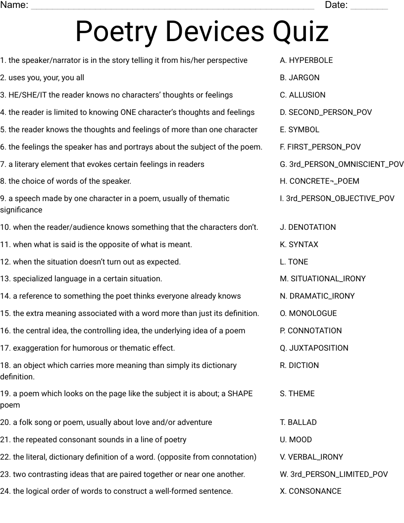 Poetry Devices Quiz Worksheet WordMint Poetry Devices Quiz Worksheet WordMint
