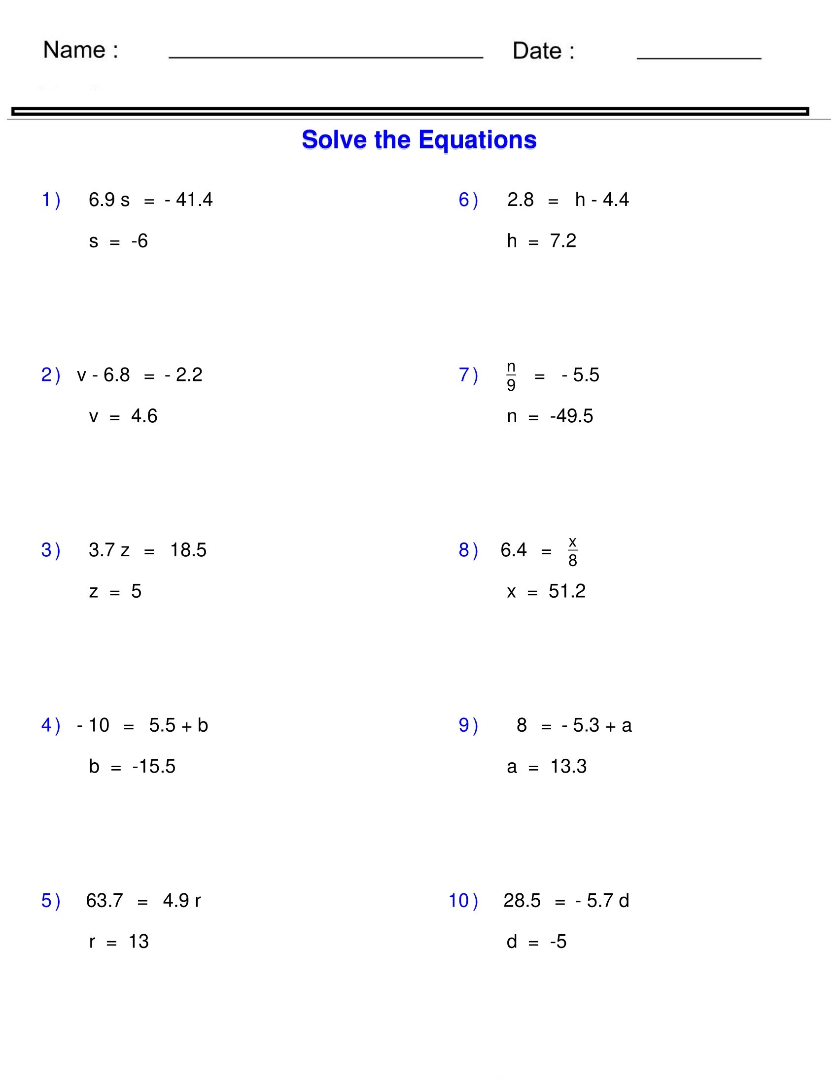 Pre Algebra Equations One Step Equations Containing Decimals Worksheets Made By Teachers Algebra Practice Worksheet Worksheets Worksheets