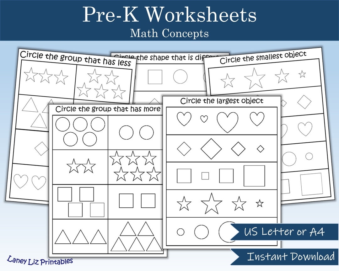 Pre K Worksheet Math Concepts More Less Smallest Biggest Preschool Kindergarten Etsy