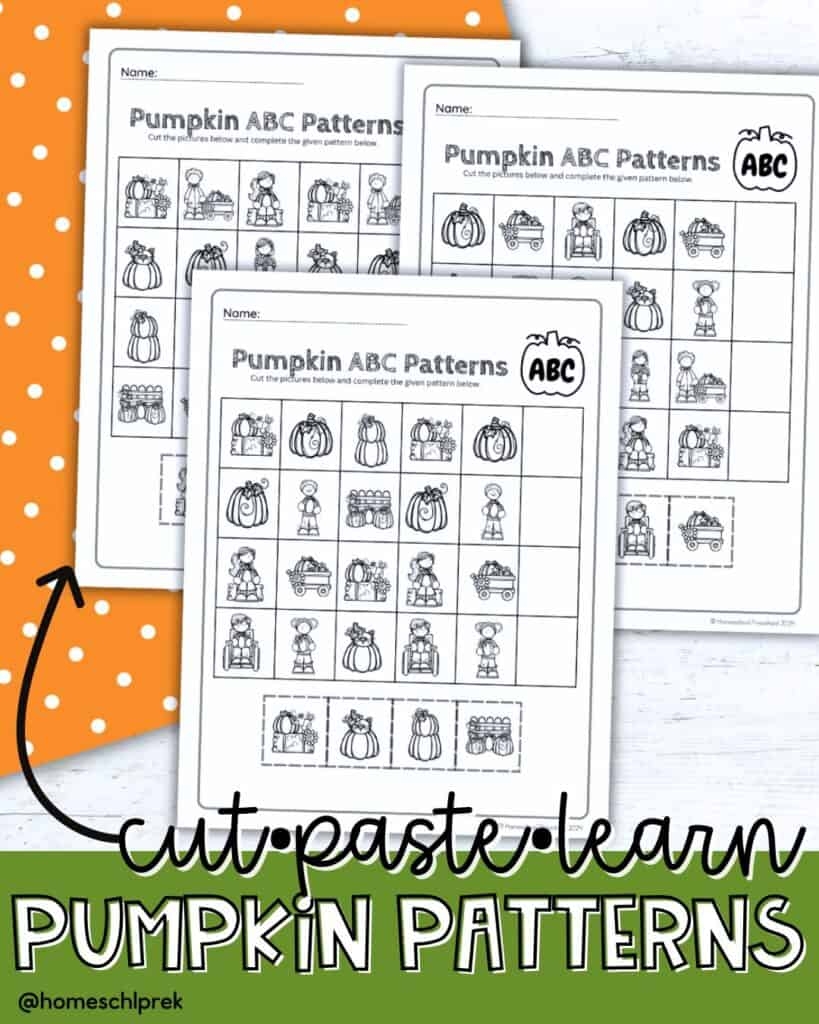 PreK Pumpkin ABC Pattern Worksheets Cut Paste Fall Math PreK Pumpkin ABC Pattern Worksheets Cut Paste Fall Math
