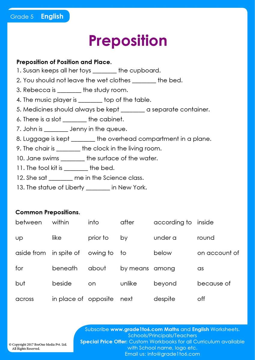 Preposition Worksheet For Class 5 Grade1to6 Class 5 English Grammar Choosing Prepositions Worksheet PDF
