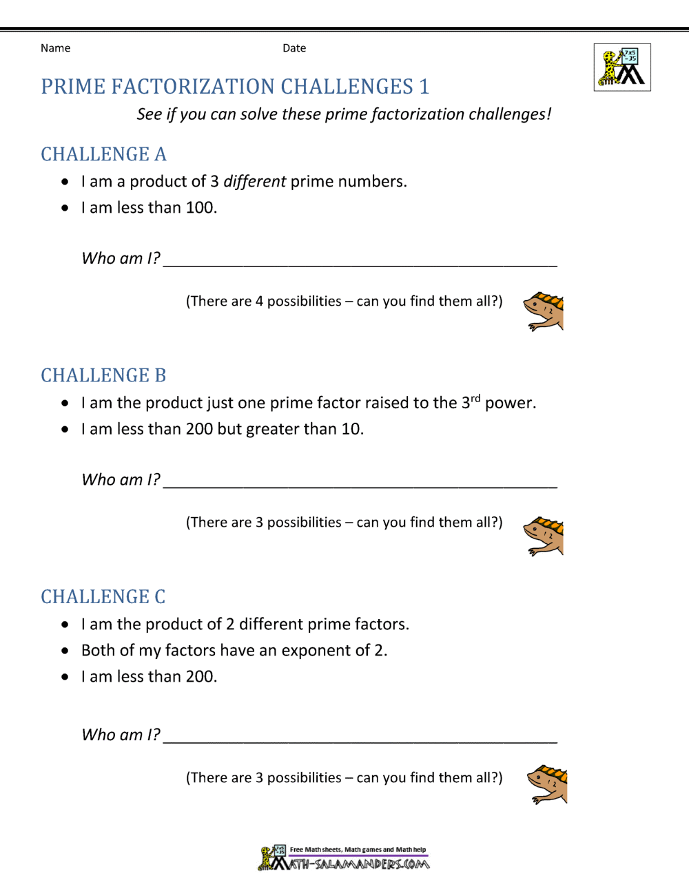 Prime Factorization Worksheet Page
